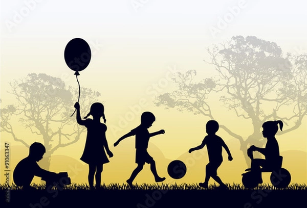 Obraz Silhouettes of children playing outside in the grass and trees
