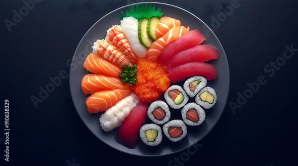 Fototapeta Sushi Platter with Various Types of Sushi, Garnished with Pickled Ginger and Wasabi on Sleek Minimalist Background