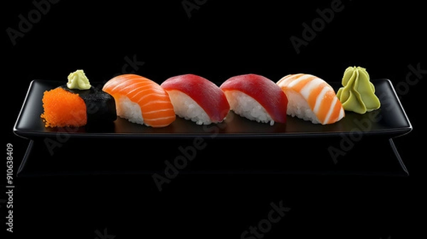 Fototapeta Sushi Platter with Various Types of Sushi, Garnished with Pickled Ginger and Wasabi on Sleek Minimalist Background
