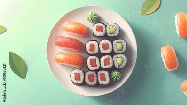 Fototapeta Sushi Platter with Various Types of Sushi, Garnished with Pickled Ginger and Wasabi on Sleek Minimalist Background