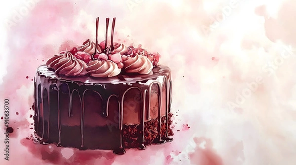 Fototapeta Dreamy Watercolor Painting of Rich Chocolate Cake with Dripping Ganache Against Soft Blurred Background