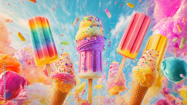 Fototapeta Colorful Ice Cream Cones and Popsicles Against Vibrant Summer-Themed Background