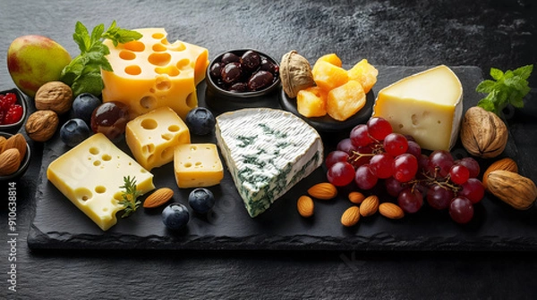 Fototapeta Assorted Cheeses, Nuts, and Fruits Arranged on Slate Board