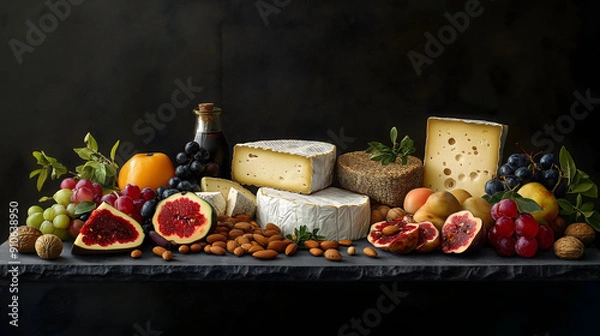 Fototapeta Assorted Cheeses, Nuts, and Fruits Arranged on Slate Board