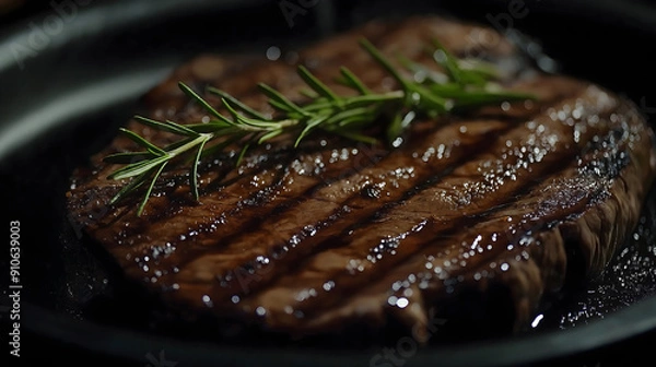 Fototapeta Close-Up Shot of Perfectly Grilled Steak with Grill Marks and Rosemary on Dark Moody Background