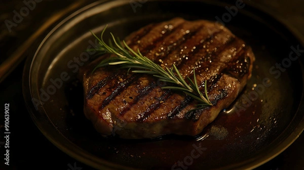 Fototapeta Close-Up Shot of Perfectly Grilled Steak with Grill Marks and Rosemary on Dark Moody Background