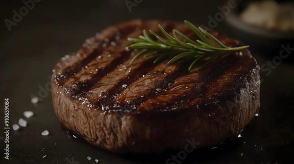 Fototapeta Close-Up Shot of Perfectly Grilled Steak with Grill Marks and Rosemary on Dark Moody Background
