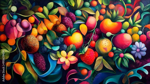Fototapeta Vibrant Abstract Painting of Exotic Fruits and Berries in Surreal Colorful Style