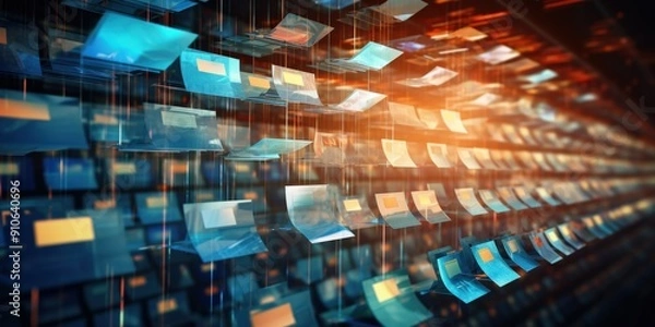 Obraz Abstract network grid with files and folders, futuristic software interface, digital document management system, store, search and organize documents, corporate business, paperless office.