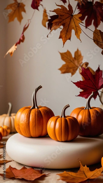 Fototapeta pumpkins and autumn leaves on the table
