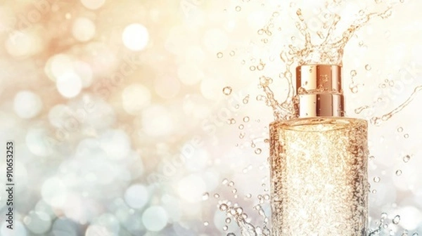 Obraz A luxurious cosmetic bottle splashes into sparkling liquid, creating a refreshing effect in soft, glowing light.