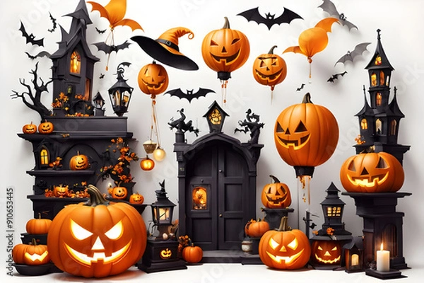 Obraz halloween background with pumpkin and bats, nativity scene with jesus and joseph,halloween pumpkin and ghost