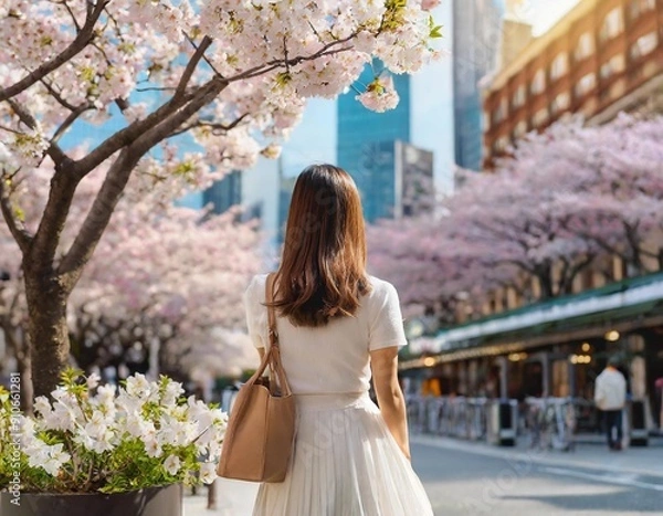 Obraz 桜並木の都会を散歩する後ろ姿の女性