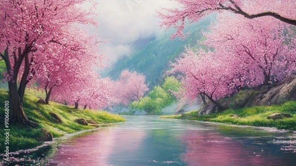 Fototapeta Serene River Flowing Through a Spring Landscape