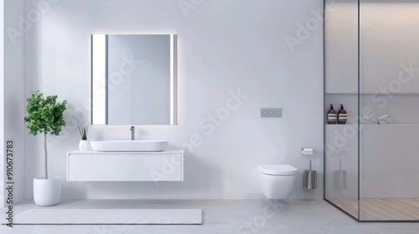 Fototapeta Modern bathroom design featuring a sleek mirror, minimalist sink, and stylish decor for a clean and inviting atmosphere.