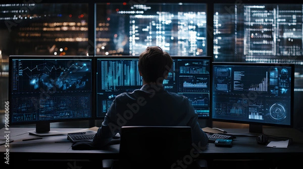 Fototapeta Professional Data Scientist Working on Multiple Screens with Complex Algorithms

