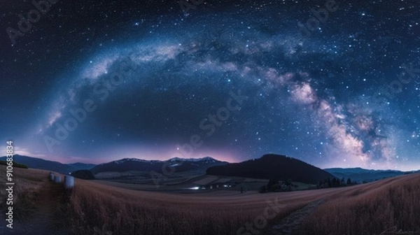 Fototapeta Stunning night sky panorama with Milky Way galaxy arching over rolling hills and fields, perfect for astronomy and nature enthusiasts.