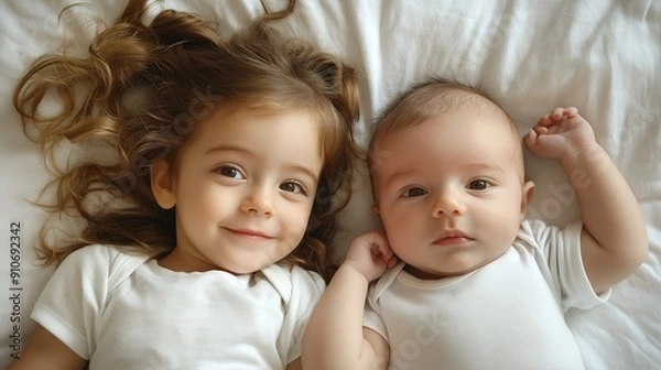 Fototapeta Top view of wavy haired little girl enjoying time spending with her newborn brother child looking at infant baby while playing with him on white soft sheet : Generative AI
