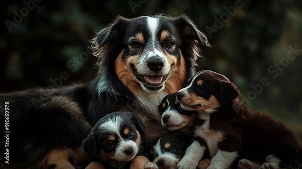 Fototapeta Doggy mum with her puppies : Generative AI