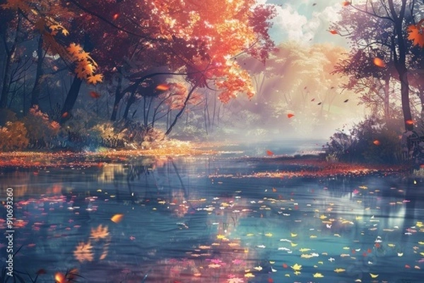 Fototapeta A Serene Autumn Landscape with Vibrant Foliage Reflecting on a Tranquil Lake