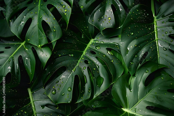 Fototapeta Fresh Wet Monstera Leaves with Water Droplets Creating a Lush Green Tropical Background