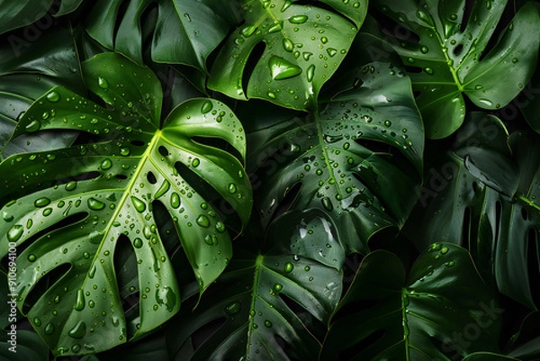 Fototapeta Fresh Wet Monstera Leaves with Water Droplets Creating a Lush Green Tropical Background