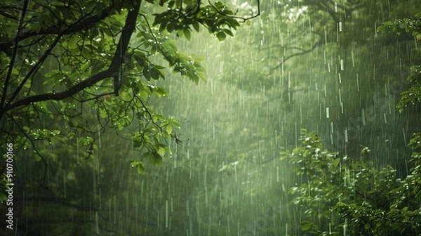 Fototapeta A soft, rhythmic rainfall on a lush green forest, rejuvenating the earth