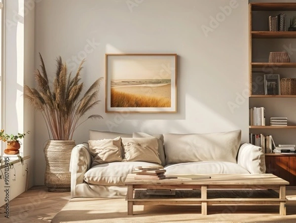 Fototapeta Small rectangular framed poster mockup in oak frame, landscape orientation, sunlit living room with coffee table, couch, and bookshelf.