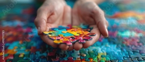 Fototapeta Completing the Puzzle: Close-up of Hands Holding Jigsaw Piece Against Vibrant Background for Assembly