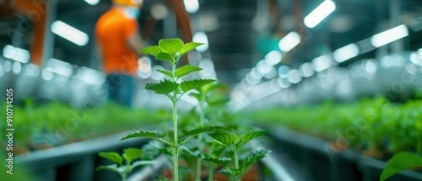 Fototapeta Greenhouse Worker Monitoring Automated Irrigation System for Optimal Water Use