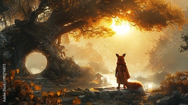 Fototapeta Fox in Enchanted Forest with Golden Light