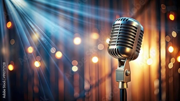 Fototapeta Vintage microphone on a stage during a performance, retro, microphone, stage, show, music, singing, entertainment