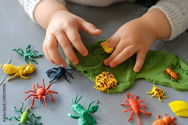 Obraz Child hands playing with toy insects. Educational game Bug Fossils made with play dough. Fine motor skills. Sensory play for toddlers..Montessori material. Activity for Kids
