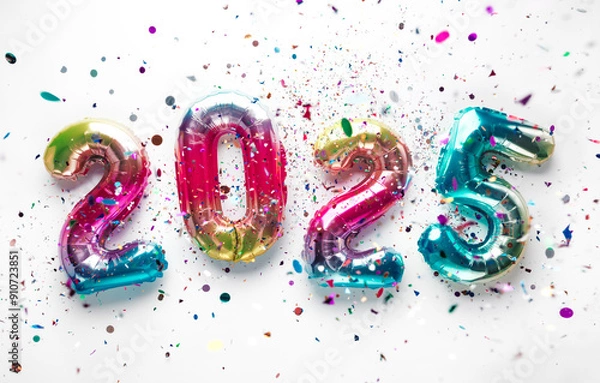 Fototapeta Happy new year 2025 balloons with colorful confetti