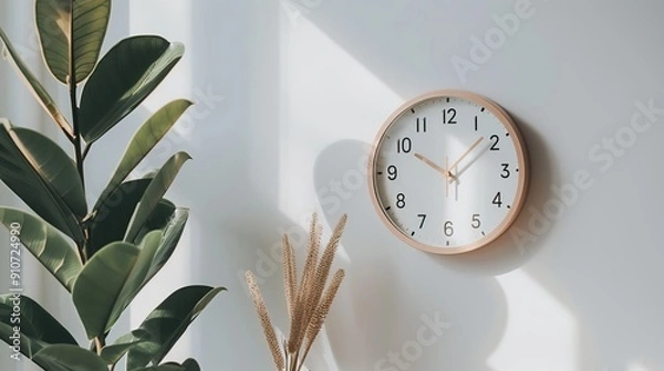 Obraz Wall Clock with Wooden Frame White Face Green Plant Leaves Dried Pampas Grass Modern Home Decor Natural Elements Time Display