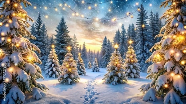 Fototapeta Christmas forest with snow-covered trees and twinkling lights, creating a magical winter wonderland , Christmas, forest