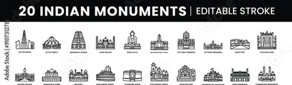 Obraz Famous Indian Landmarks & Monuments like Qutub Minar, Lotus Temple, Jama Masjid, Red Fort, Meenakshi Temple, Victoria Memorial, Humayun's Tomb & More Palaces, Temples, and Forts with Editable Strokes