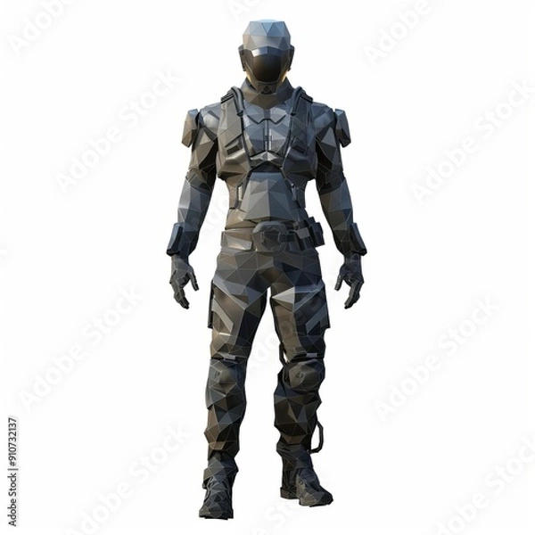 Fototapeta 3D Render, Low Poly style of dystopian NPC with a sleek, tactical suit and a hardened look, on isolated white background