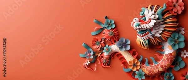 Fototapeta A dragon with flowers on it is on a red background. The dragon is colorful and has a lot of detail. Scene is bright and cheerful.