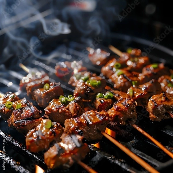 Obraz Traditional Chinese charcoal grill with skewers and smoke rising, Chinese, grilling