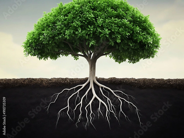 Fototapeta Agricultural style: Green canopy tree, planted in the soil, roots spreading into the soil. The roots are seen criss-crossing the ground