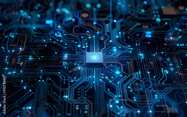 Fototapeta This detailed photo showcases a stateoftheart circuit board featuring illuminated blue lights and a central processor, emphasizing advancements in modern technology and electronics