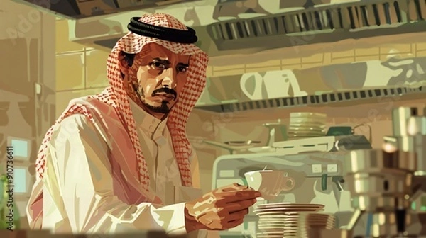 Obraz Arab Man Enjoying Coffee in a Traditional Cafe