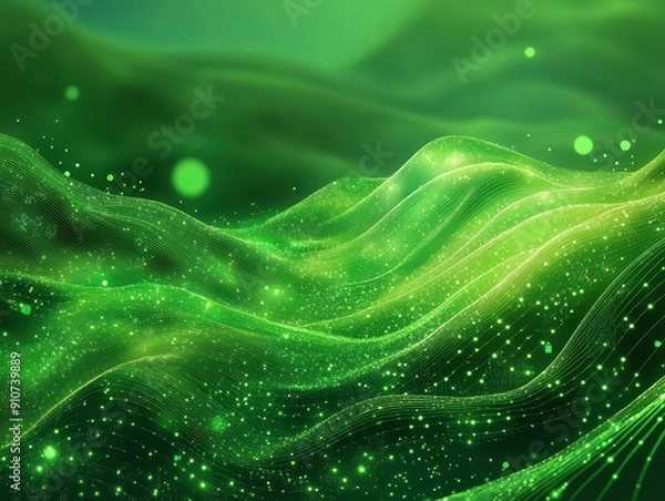 Fototapeta An abstract representation of carbon credits as a digital currency flowing through a vibrant green landscape