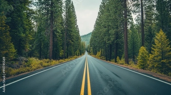 Fototapeta Empty Road Through a Dense Forest After Rain