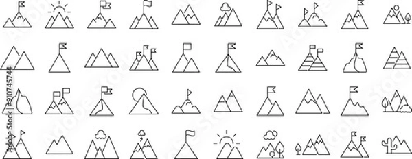Fototapeta Collection of Signs of mountains as symbol of travel and hiking. Suitable for books, stores, shops. Editable stroke in minimalistic outline style. Symbol for design