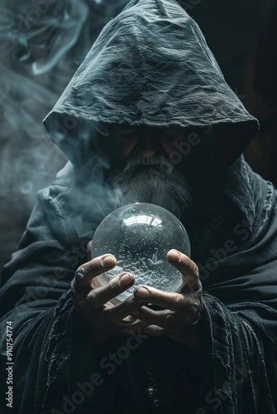 Fototapeta Shadow of a wizard with a crystal ball, mystical foresight
