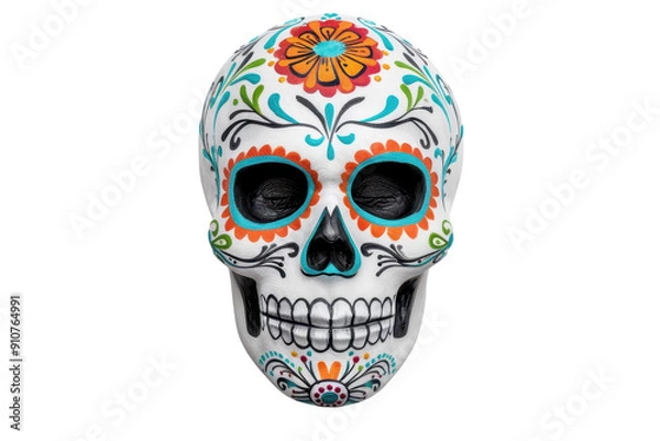 Fototapeta Colorful sugar skull with intricate floral designs, perfect for celebrating Dia de los Muertos and adding vibrant decor.