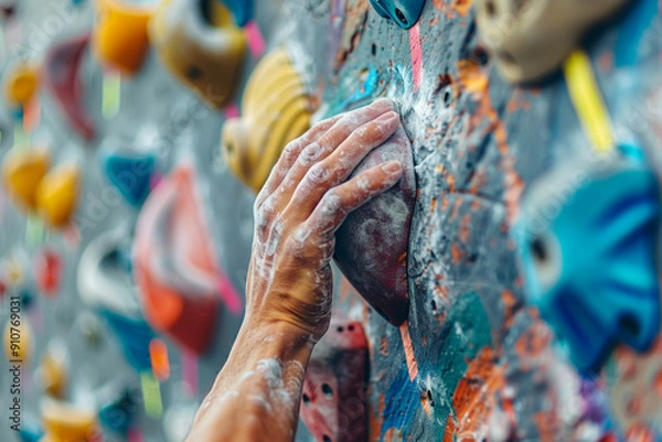 Fototapeta A climber’s hand gripping a colorful climbing hold on an indoor climbing wall. This image captures the determination and challenge of rock climbing and fitness.