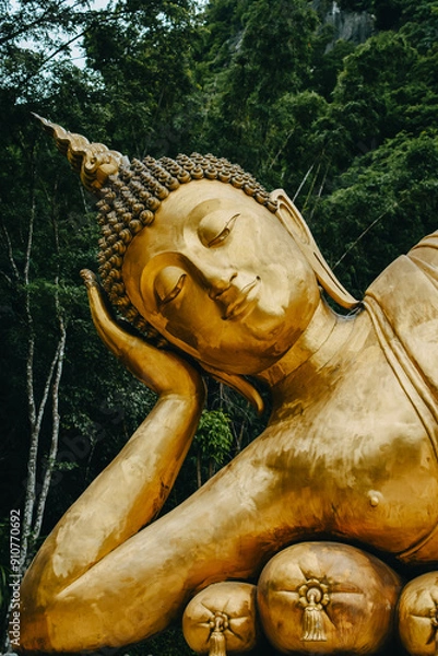 Fototapeta Close up of Reclining Buddha gold statue face with mountain background inThailand.